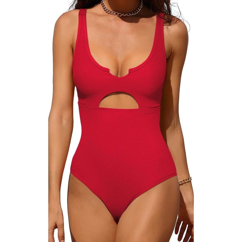 Charmo Ribbed One Piece Swimsuits for Women Cutout Scoop Neck High Cut Padded M